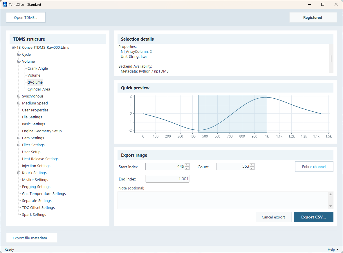 TdmsSlice showing a more complex TDMS structure, Channel selection details, Quick Preview, and a selected export range.
