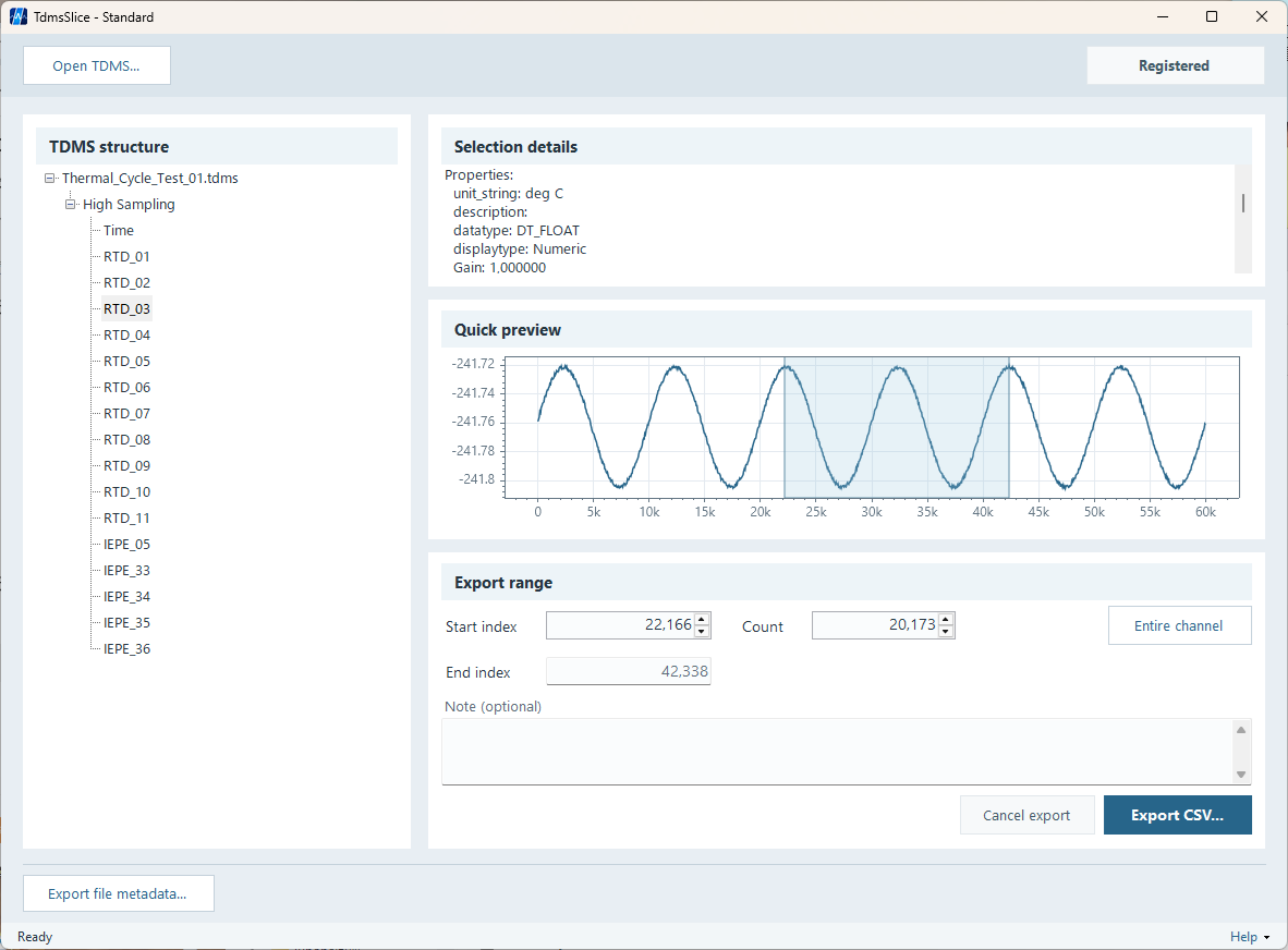 TdmsSlice showing a TDMS structure tree, Channel selection details, a Quick Preview waveform, export range controls, and the Export CSV action.